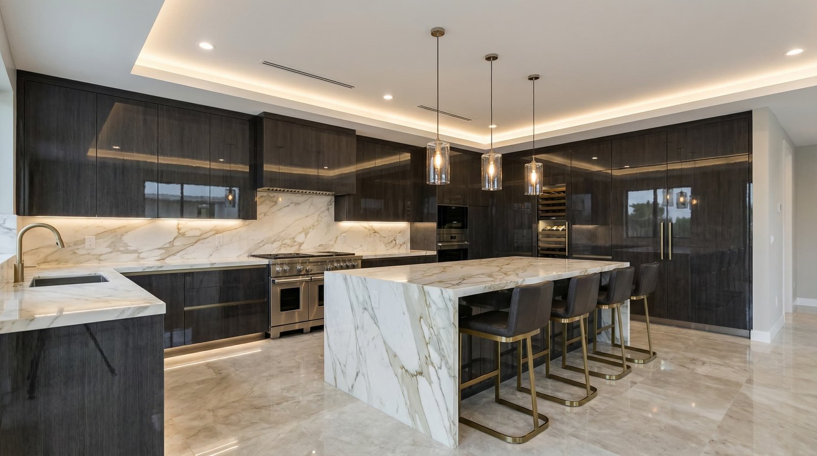 Contemporary dark kitchen with marble waterfall island